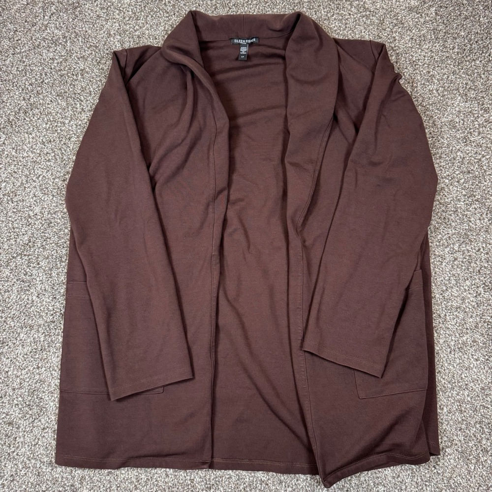 Eileen Fisher Brown Tencel Lyocell Blend Open Front Cardigan Shawl Collar S/P - Picture 2 of 7